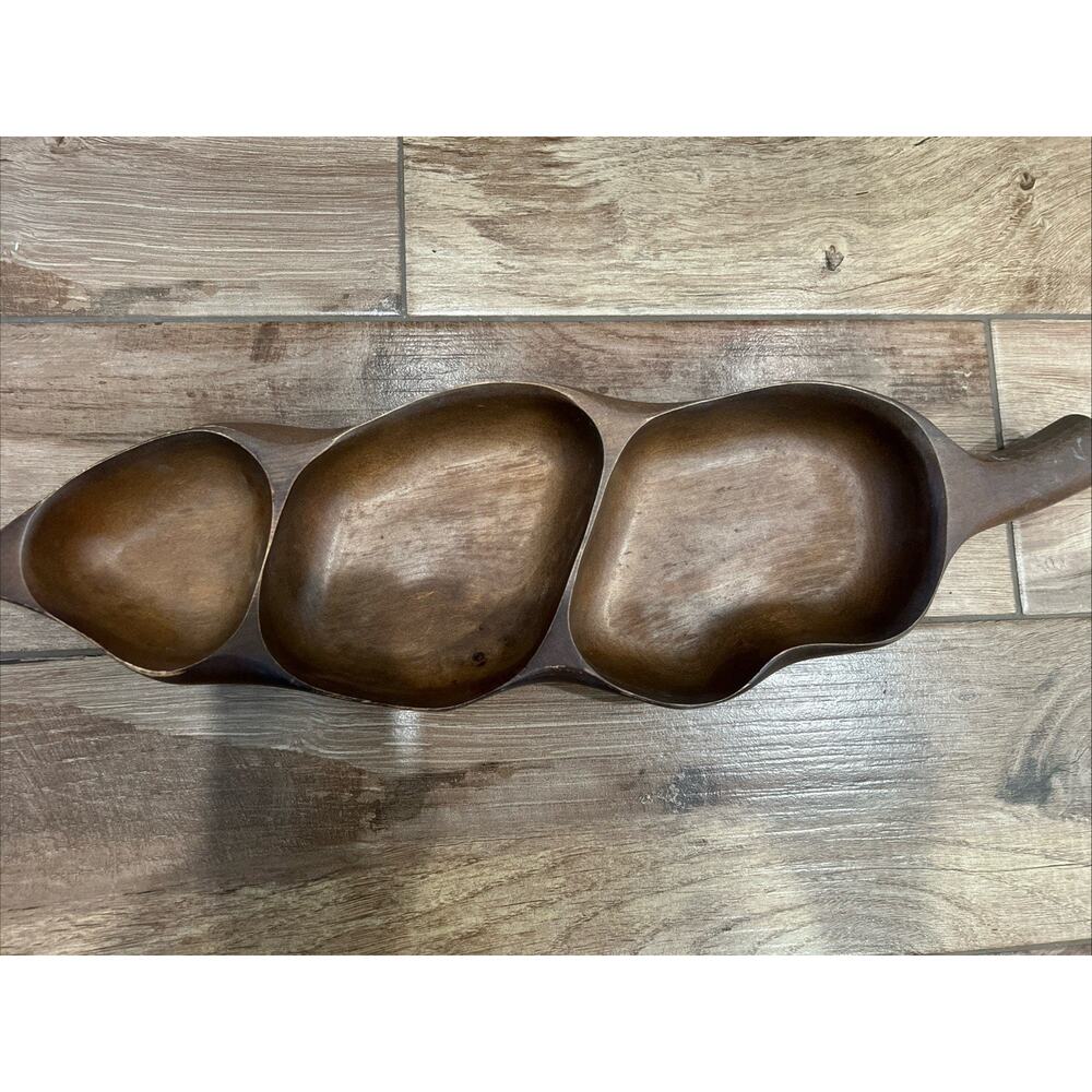 Vintage Hand Carved 19" Wooden Leaf Divided Nut/Candy/Coin/Trinket Dish